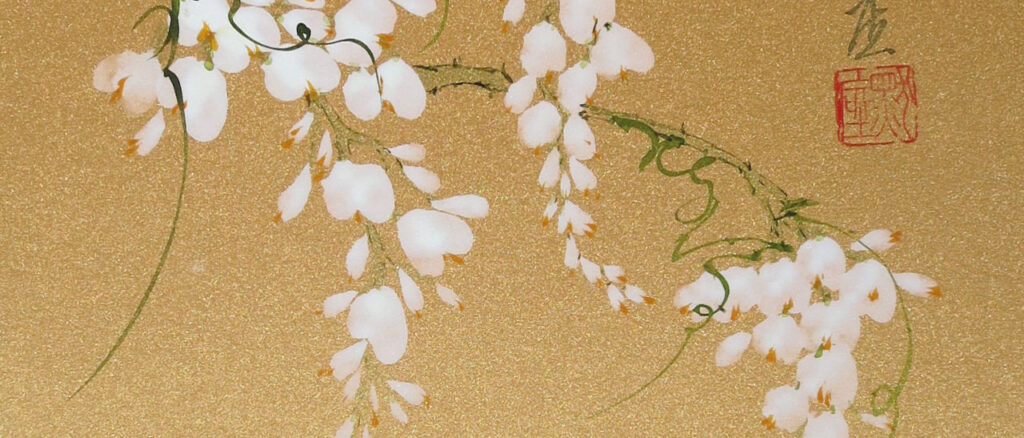 Sumi-e-painting-wisteria-BeppeMokuza-Zen-brush-ink-art-peace-ricepaper-golden