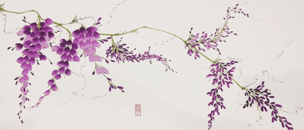 Sumi-e-painting-wisteria-BeppeMokuza-Zen-brush-ink-art-ricepaper