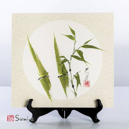 Opera dipinta a mano rappresentante due canne di bambù verdi con rametto su cartoncino di riso 25x27cm con firma autore