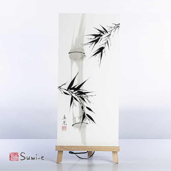Opera dipinta a mano rappresentante una canna di bambù astratta grigia su carta di riso supporto misura 50x23cm con firma dell'autore e sigillo