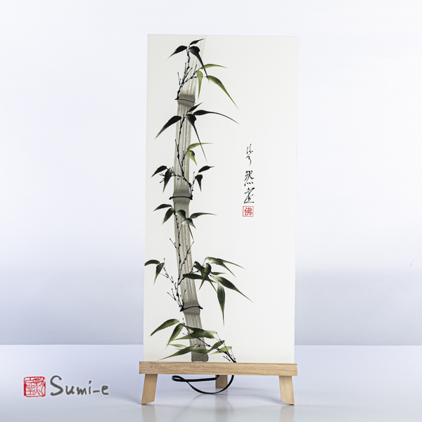 Opera dipinta a mano rappresentante canna di bambù grigia con foglie verdi e nere su carta di riso incollata su un supporto plastificato misura 50x23cm con la firma dell'autore