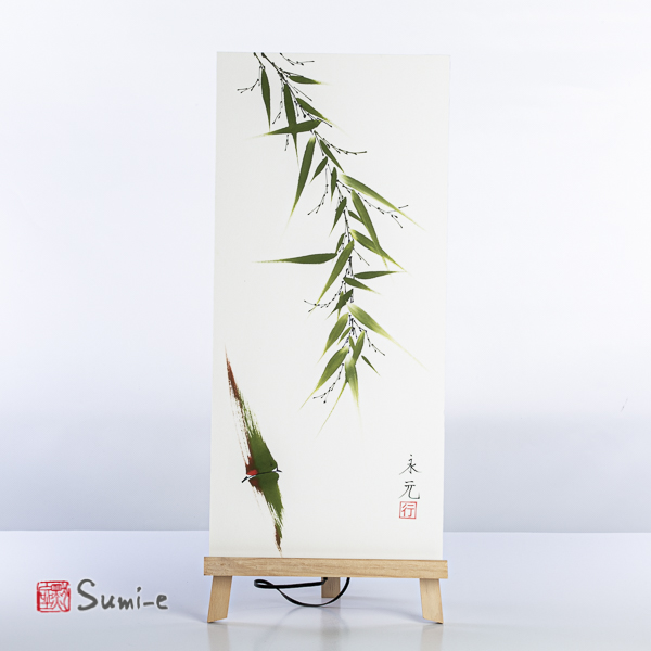 Opera dipinta a mano rappresentante canna di bambù astratta sfumatura arancione con foglie verdi su carta di riso incollata su un supporto plastificato misura 50x23cm con la firma dell'autore