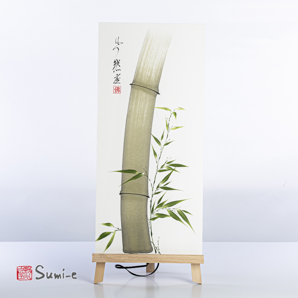 Opera dipinta a mano rappresentante una canna di bambù verde con foglie su carta di riso supporto misura 50x23cm con firma dell'autore e sigillo