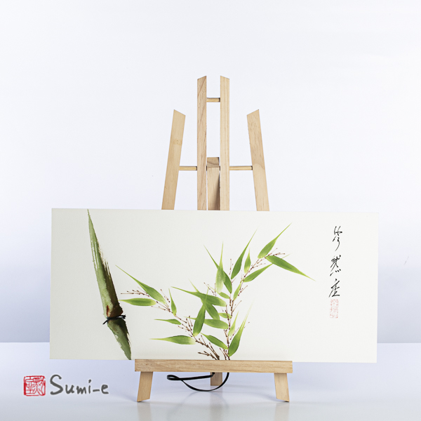 Opera dipinta a mano rappresentante canna di bambù astratta con foglie verdi orizzontale su carta di riso incollata su un supporto plastificato misura 50x23cm con la firma dell'autore