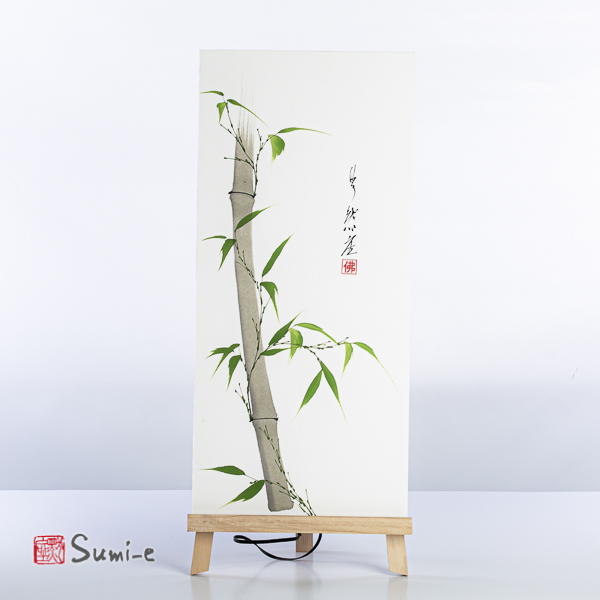 Opera dipinta a mano rappresentante canna di bambù grigia con foglie verdi su carta di riso incollata su un supporto plastificato misura 50x23cm con la firma dell'autore e sigillo