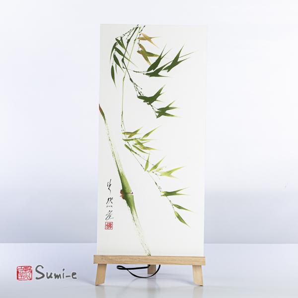 Opera dipinta a mano rappresentante canna di bambù astratta con foglie verdi nel vento su carta di riso incollata su un supporto plastificato misura 50x23cm con la firma dell'autore
