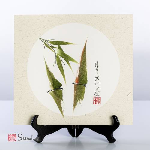 Opera dipinta a mano rappresentante due canne di bambù verdi su cartoncino di riso 25x27cm con firma autore