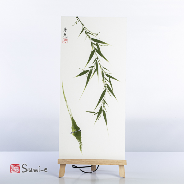 Opera dipinta a mano rappresentante canna di bambù astratta con foglie e rami verdi su carta di riso incollata su un supporto plastificato misura 50x23cm con la firma dell'autore