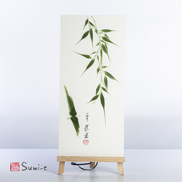 Opera dipinta a mano rappresentante canna di bambù astratta con foglie verdi su carta di riso incollata su un supporto plastificato misura 50x23cm con la firma dell'autore