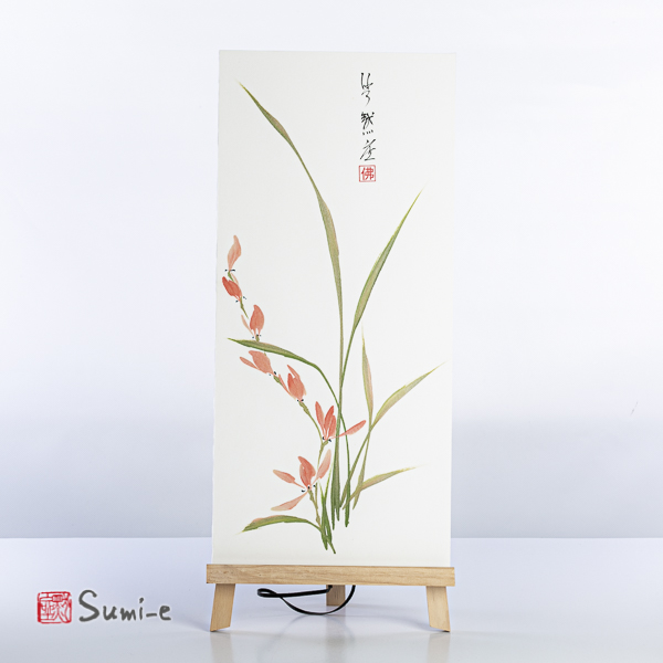 Opera dipinta a mano rappresentante un'orchidea argentata su carta di riso incollata su supporto 50x23cm con firma dell'autore e sigillo