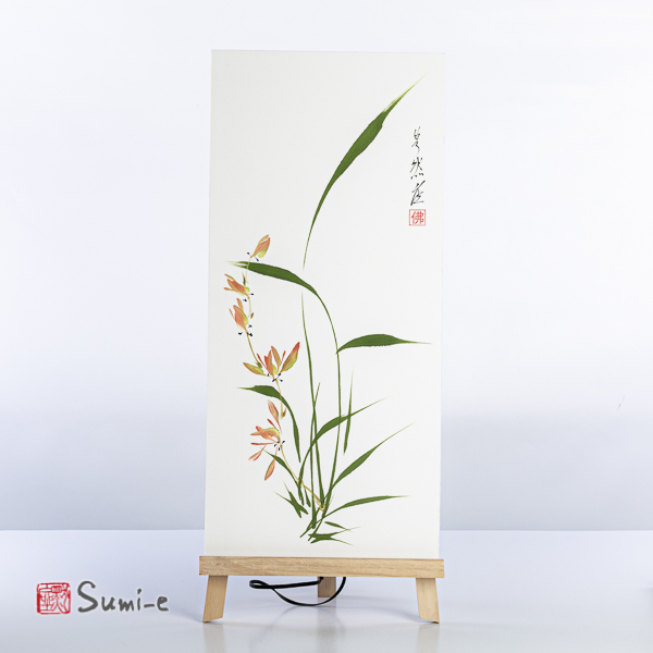 Opera dipinta a mano rappresentante fiori di orchidea su carta di riso incollata su supporto 50x23cm con firma autore e sigillo