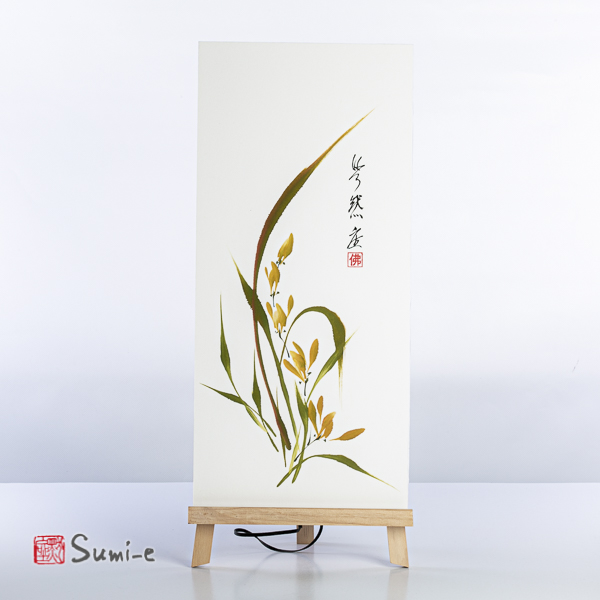 Opera dipinta a mano rappresentante fiori di orchidea gialla su carta di riso incollata su supporto 50x23cm con firma autore e sigillo