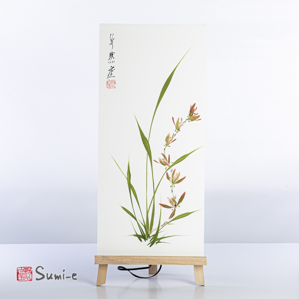 Opera dipinta a mano rappresentante fiori di orchidea arancione su carta di riso incollata su supporto 50x23cm con firma autore e sigillo