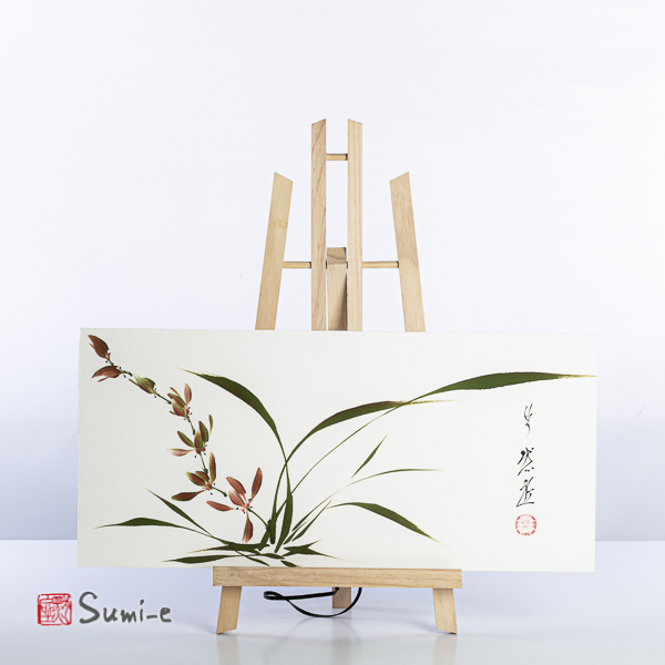 Opera dipinta a mano rappresentante fiori di orchidea orizzontale su carta di riso incollata su supporto 50x23cm con firma autore e sigillo