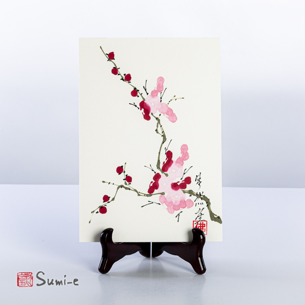 Opera dipinta a mano rappresentante un rametto di pruno fiori rosa su carta di riso su supporto 16x23cm con firma autore e sigillo