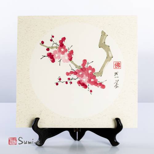 Opera dipinta a mano rappresentante un ramo di fiori di pruno su cartoncino di riso 25x27cm con firma autore
