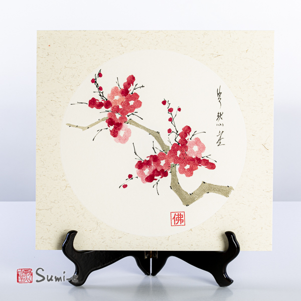 Opera dipinta a mano rappresentante un ramo di fiori di pruno su cartoncino di riso 25x27cm con firma autore e sigillo