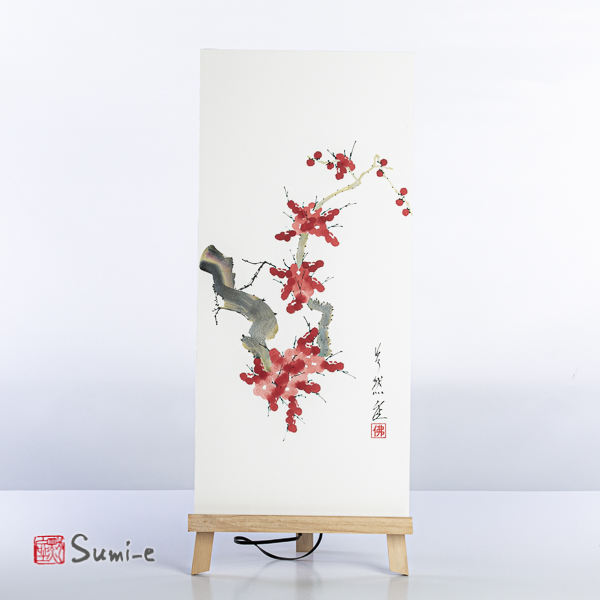 Opera dipinta a mano rappresentante un ramo di pruno argentato con fiori su carta di riso su supporto 50x23cm con firma autore e sigillo