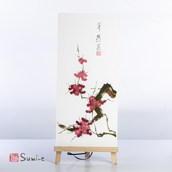 Opera dipinta a mano rappresentante un ramo di pruno marrone con fiori su carta di riso su supporto 50x23cm con firma autore e sigillo
