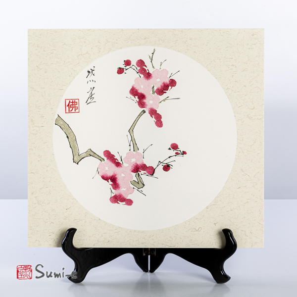 Opera dipinta a mano rappresentante un ramo di fiori di pruno rosa su cartoncino di riso 25x27cm con firma autore e sigillo
