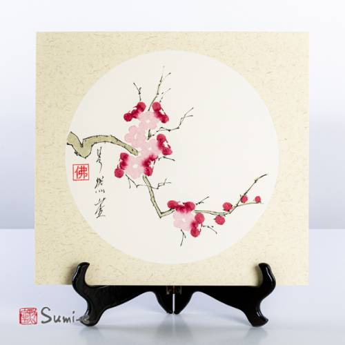 Opera dipinta a mano rappresentante un ramo di fiori di pruno e boccioli su cartoncino di riso 25x27cm con firma autore e sigillo