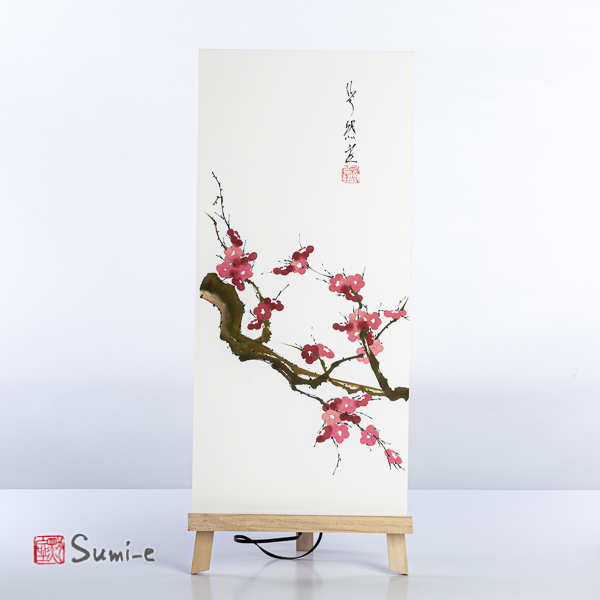Opera dipinta a mano rappresentante un tronco di pruno con fiori su carta di riso su supporto 50x23cm con la firma dell'autore e sigillo