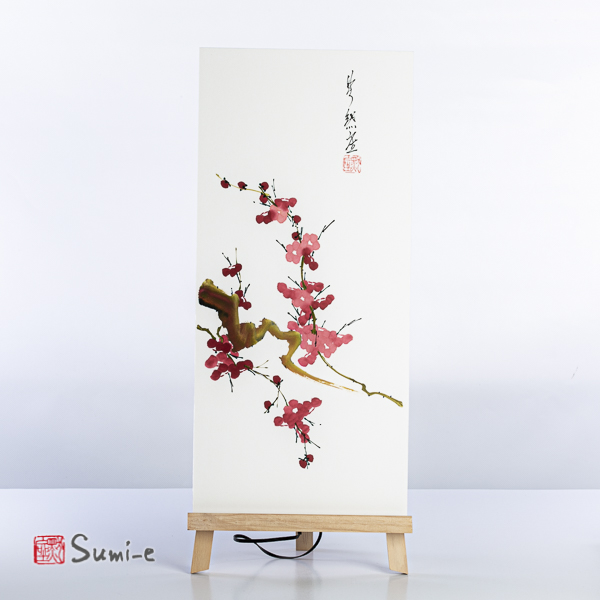 Opera dipinta a mano rappresentante un ramo di pruno con fiori su carta di riso su supporto 50x23cm con la firma dell'autore e sigillo
