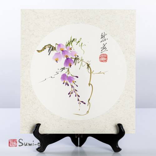 Opera dipinta a mano rappresentante un ramo di fiori di glicine su cartoncino di riso 25x27cm con firma autore e sigillo