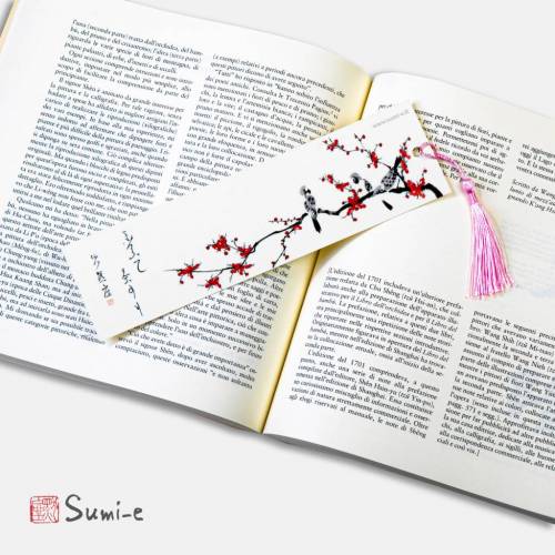 segnalibro-libro-sumie-pittura-inchiostro-giapponese-nappina-fiori-pruno-ramo-uccelli